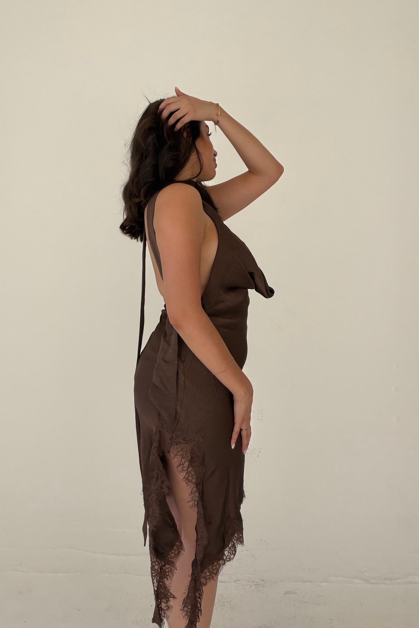 Fearless In Faith Satin Lace Trim Scarf Dress- Dark Brown
