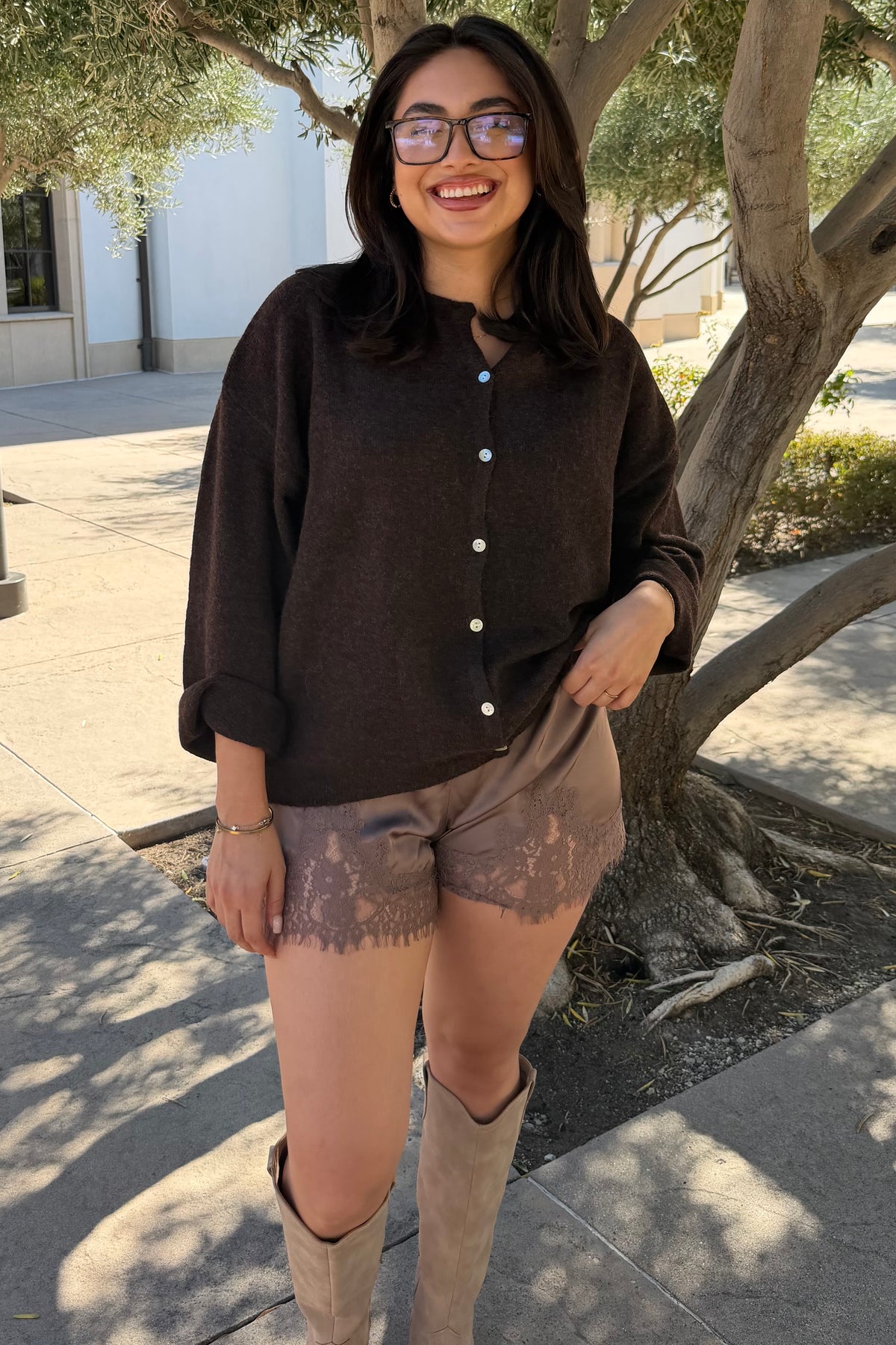 Selah Lace Trim Shorts- Mocha