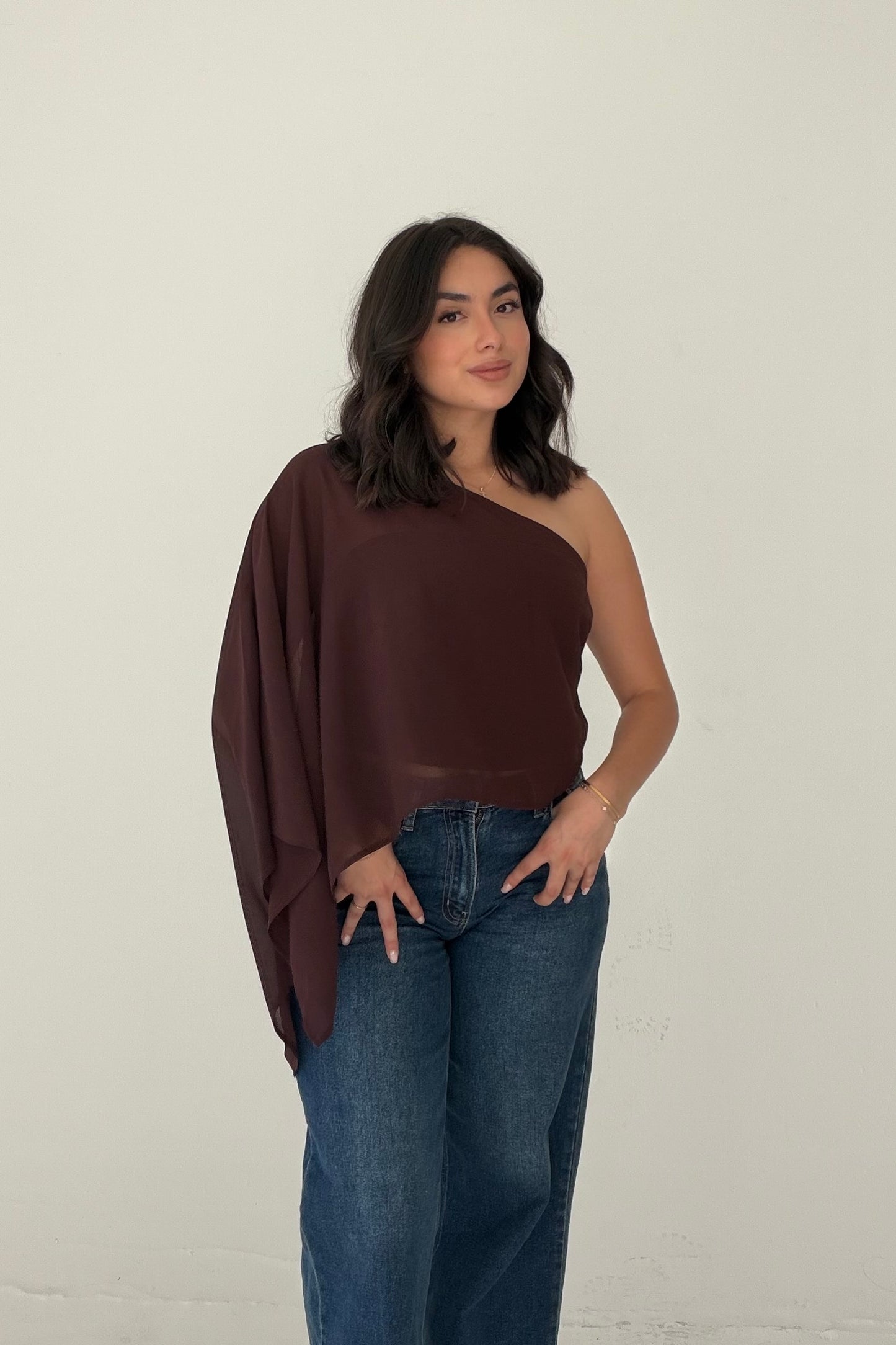 Unshaken Asymmetric Cape Top- Dark Brown