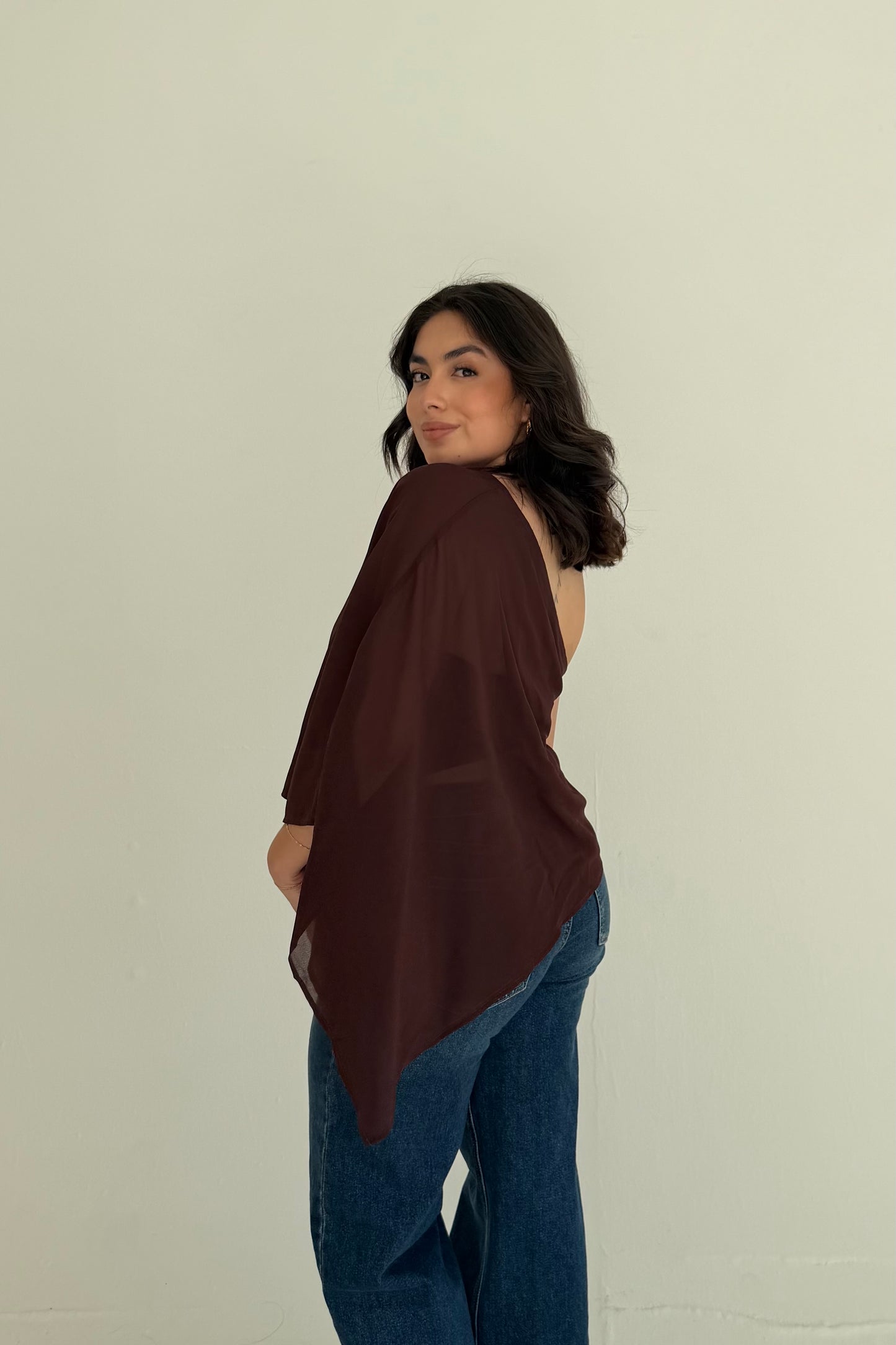 Unshaken Asymmetric Cape Top- Dark Brown
