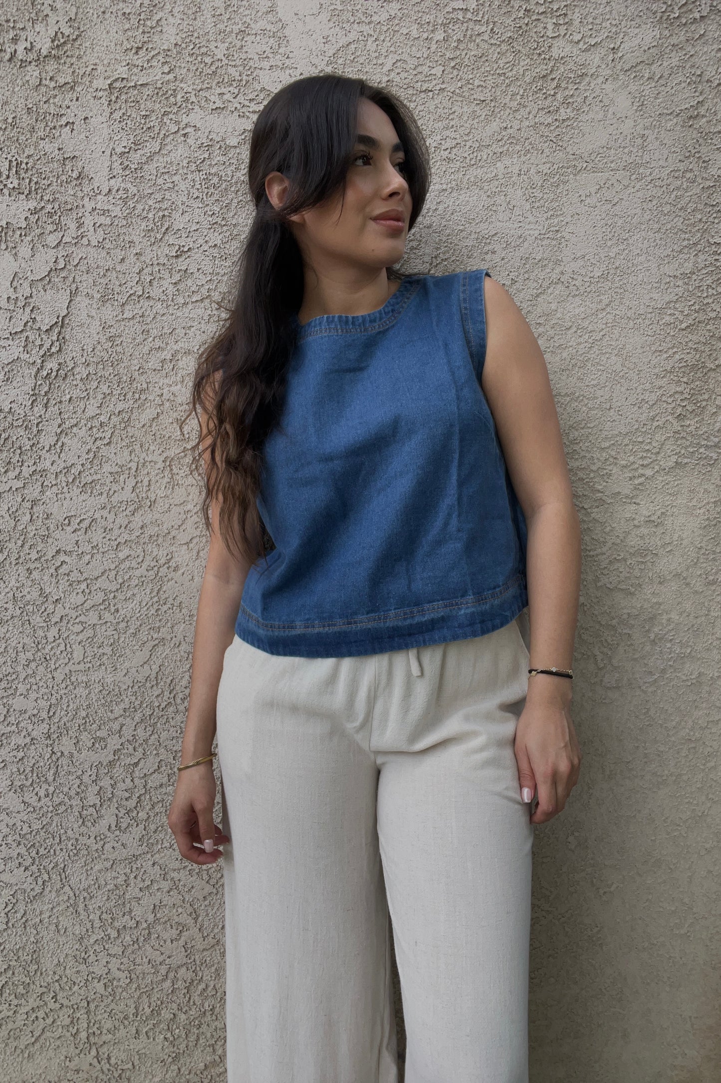 In The Waiting Sleeveless  Denim Top