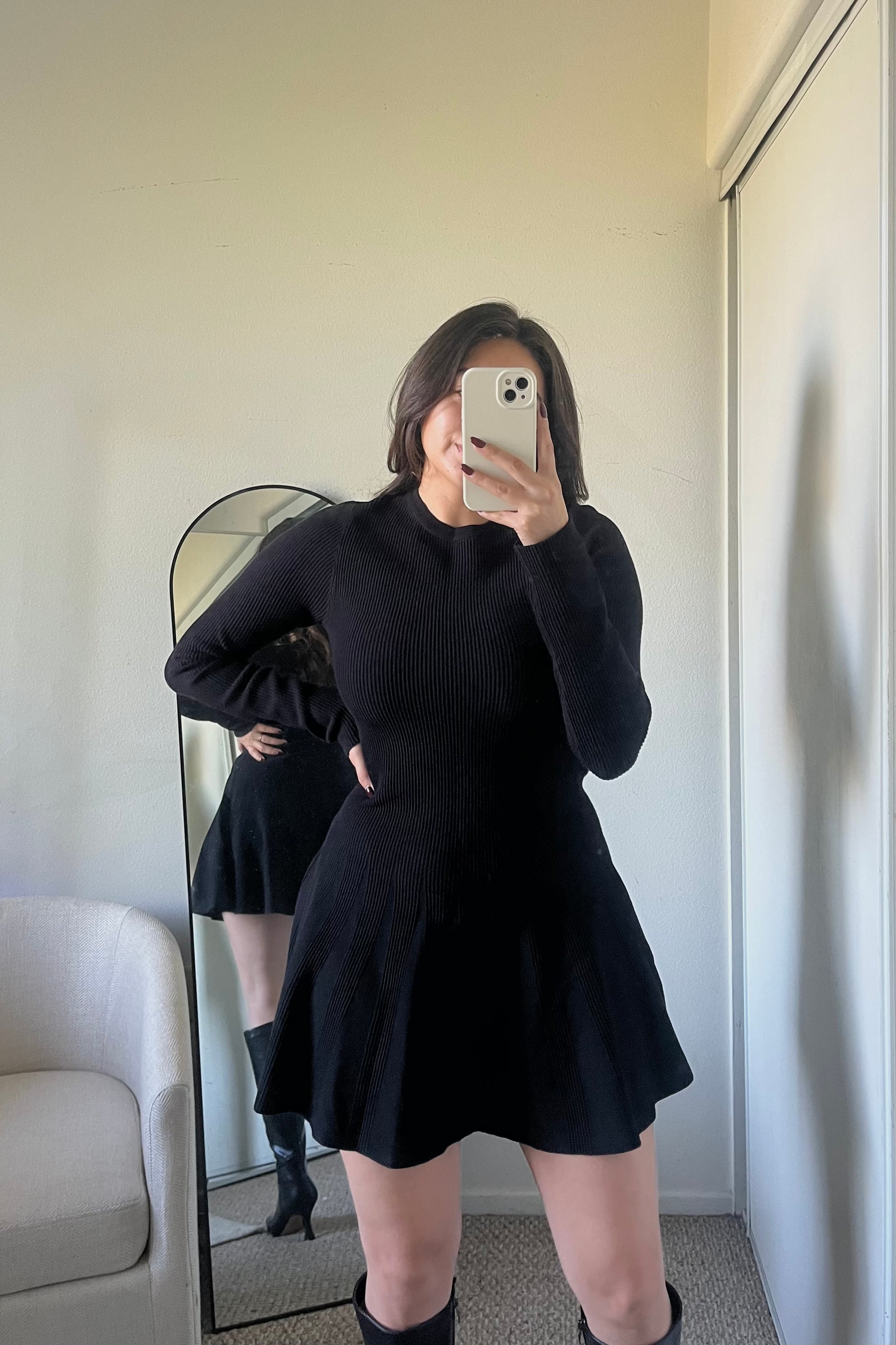 black pleated sweater dress Seta T Women's V Neck Tie Waist Casual Long Sleeve Pleated Knit A-Line Sweater Dress Black Medium
