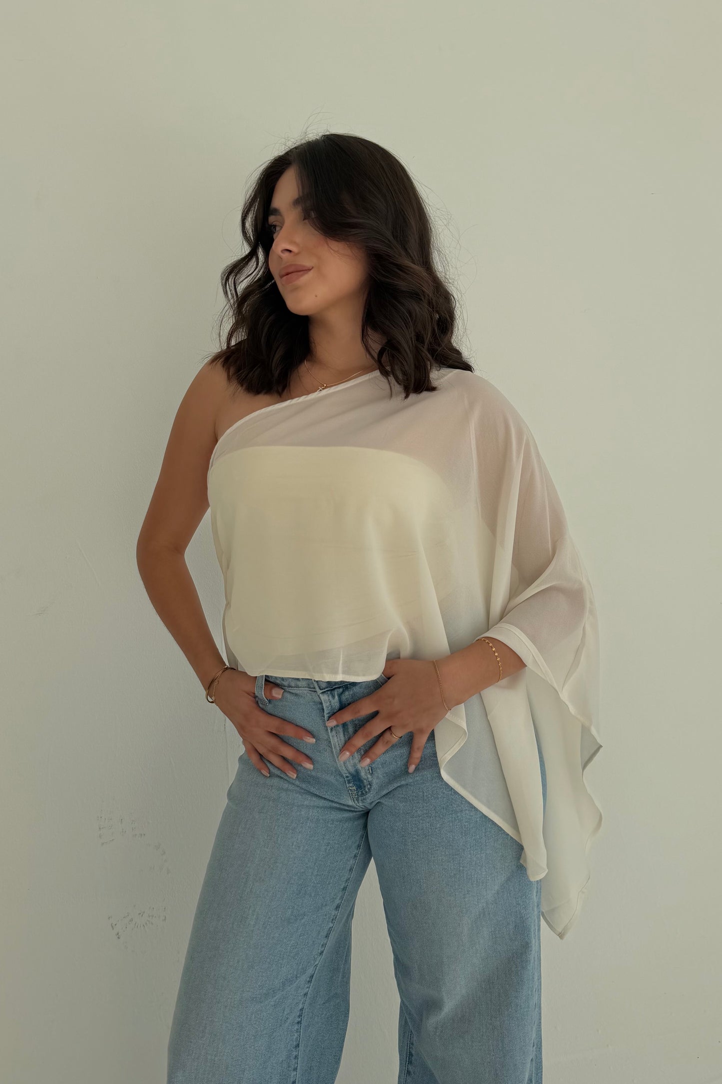 Unshaken Asymmetric Cape Top- Cream
