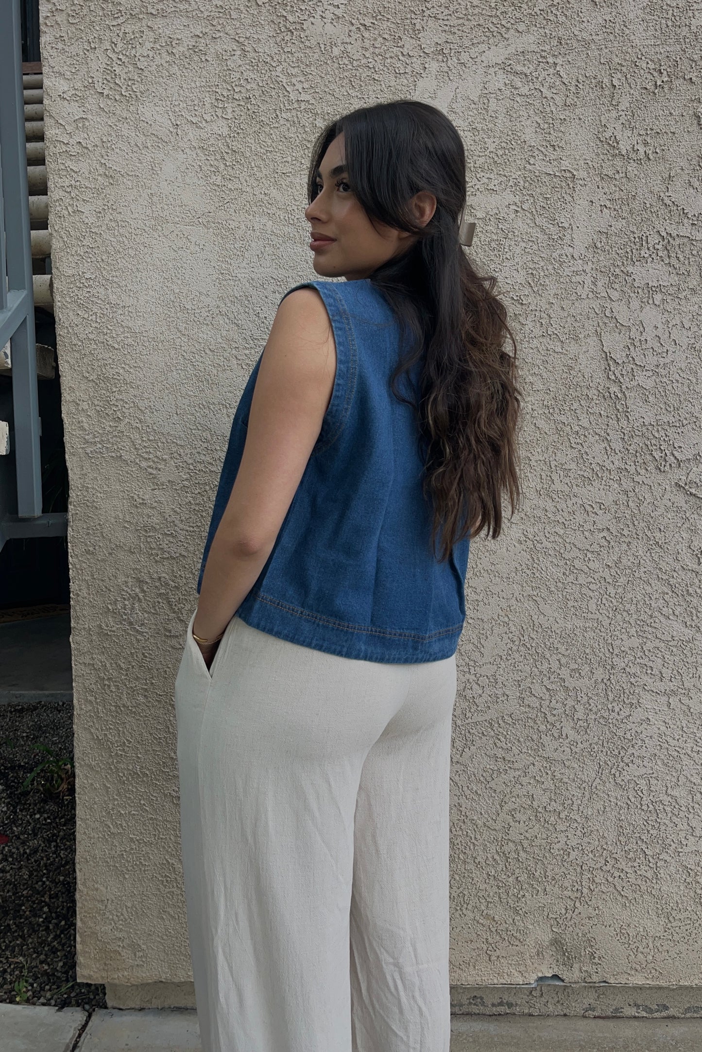 In The Waiting Sleeveless  Denim Top