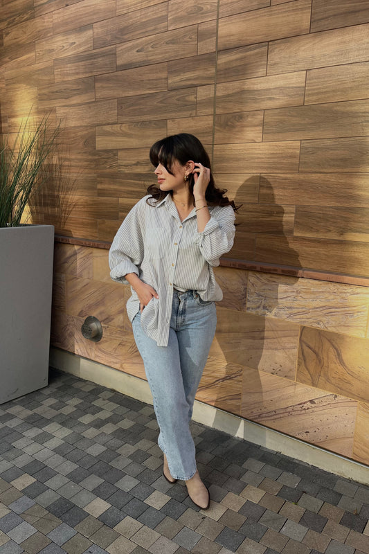 Presence Oversized Striped Button Down Top